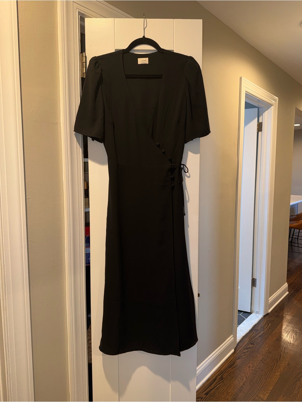 Wilfred Black Wrap-Style Midi Dress with Short Puff Sleeves